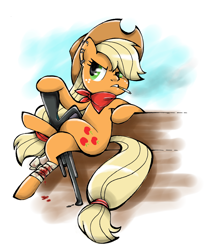 Size: 3159x3762 | Tagged: safe, artist:akikodestroyer, applejack, earth pony, pony, bandage, bandana, blood, cigarette, earring, gun, injured, rifle, sitting, smoking, solo, weapon