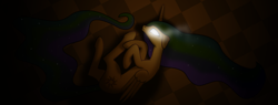 Size: 2840x1080 | Tagged: safe, artist:arvaus, princess celestia, alicorn, pony, dark, fetal position, from above, glowing eyes, harsher in hindsight, letters to the moon, solo, story included