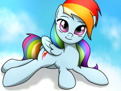 Size: 1024x768 | Tagged: safe, artist:fotasy, derpibooru import, rainbow dash, pegasus, pony, cloud, cute, dashabetes, female, looking at you, mare, multicolored hair, prone, sky, smiling, solo