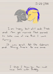 Size: 2400x3300 | Tagged: safe, artist:aaronmk, derpy hooves, flash sentry, pegasus, pony, derpsentry, diary, dinky hooves's diary, feels, female, implied dinky, lined paper, mare, sad, shaved mane, shipping