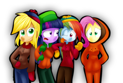 Size: 1644x1108 | Tagged: safe, artist:fj-c, derpibooru import, applejack, fluttershy, rainbow dash, twilight sparkle, twilight sparkle (alicorn), alicorn, equestria girls, crossover, eric cartman, kenny mccormick, kyle broflovski, south park, stan marsh