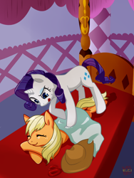Size: 600x800 | Tagged: safe, artist:norang94, applejack, rarity, earth pony, pony, unicorn, bed, bedroom, cowboy hat, eyes closed, female, focus, hat, lesbian, lying, lying down, massage, prone, raised eyebrow, rarijack, shipping, smiling, stetson, tongue out