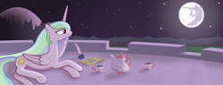 Size: 2840x1080 | Tagged: safe, artist:arvaus, princess celestia, alicorn, pony, inkwell, letter, letters to the moon, mare in the moon, moon, solo, story included, teapot