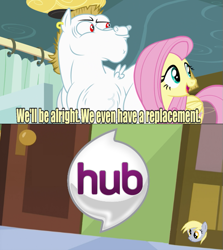 Size: 605x677 | Tagged: safe, artist:barnahadnagy, edit, edited screencap, screencap, bulk biceps, derpy hooves, fluttershy, pegasus, pony, blonde, blonde mane, blonde tail, blue eyes, caption, clever, curtain, ear piercing, exploitable meme, female, hub logo, looking to side, looking to the right, male, mare, meme, open mouth, piercing, pink mane, pink tail, red eyes, replacement meme, smiling, spread wings, stallion, text, the hub, white coat, wings, yellow coat