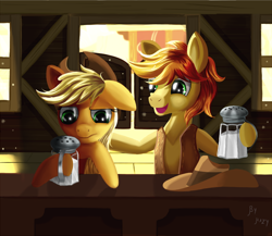 Size: 672x584 | Tagged: safe, artist:haze, applejack, braeburn, earth pony, pony, bar, clothes, hat, saloon, salt