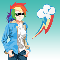 Size: 800x800 | Tagged: safe, artist:atanarix, derpibooru import, rainbow dash, human, clothes, hoodie, humanized, sunglasses