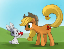 Size: 1169x900 | Tagged: safe, artist:noben, artist:thekitfox, applejack, earth pony, pony, rabbit, apple