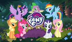 Size: 1024x600 | Tagged: safe, derpibooru import, screencap, applejack, fluttershy, pinkie pie, rainbow dash, rarity, spike, twilight sparkle, twilight sparkle (alicorn), alicorn, dragon, earth pony, pegasus, pony, unicorn, forest, gameloft, loading screen, looking at you, mane seven, mane six, my little pony logo, winged spike