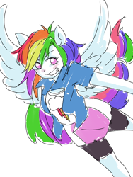 Size: 600x800 | Tagged: safe, artist:sajuaira, derpibooru import, rainbow dash, equestria girls, clothes, compression shorts, cute, female, flying, moe, pixiv, ponied up, shirt, shorts, simple background, skirt, solo, white background