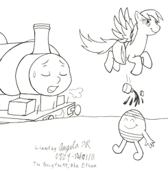 Size: 686x700 | Tagged: safe, artist:cherishedrose, derpy hooves, pegasus, pony, crossover, female, mare, mr. bump, mr. men, percy the small engine, spill, thomas the tank engine