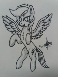 Size: 774x1032 | Tagged: safe, artist:ironbeastz, derpibooru import, rainbow dash, pegasus, pony, female, flying, mare, monochrome, signature, simple background, solo, traditional art, white background