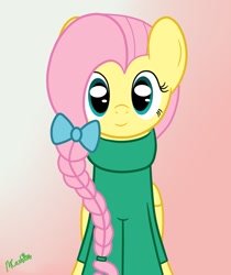 Size: 819x976 | Tagged: safe, artist:mtfc1029, fluttershy, pegasus, pony, alternate hairstyle, bow, braid, clothes, solo, sweater, sweatershy