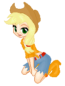 Size: 133x175 | Tagged: safe, artist:selenaede, artist:shourimajo, applejack, human, humanized, kneeling, light skin, pixel art, request, simple background, solo