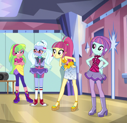 Size: 1105x1069 | Tagged: safe, screencap, lemon zest, sour sweet, sugarcoat, sunny flare, dance magic, equestria girls, spoiler:eqg specials, boots, clothes, converse, cropped, crystal prep shadowbolts, female, glasses, headphones, high heel boots, pigtails, ponytail, quartet, shoes, sleeveless, sneakers, street ballet tutu, twintails