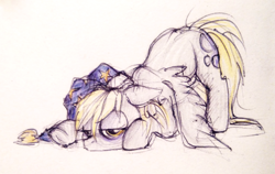 Size: 1110x700 | Tagged: safe, artist:buttersprinkle, derpy hooves, pegasus, pony, clothes, female, grumpy, hat, mare, solo, tired, traditional art