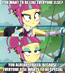 Size: 500x561 | Tagged: safe, edit, edited screencap, screencap, sour sweet, equestria girls, friendship games, bow (weapon), caption, image macro, meme, solo, text