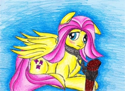 Size: 1024x749 | Tagged: safe, artist:lemuurek, fluttershy, pegasus, pony, chains, collar, post, solo