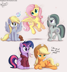 Size: 2800x3000 | Tagged: safe, artist:bugplayer, applejack, derpy hooves, fluttershy, marble pie, twilight sparkle, twilight sparkle (alicorn), alicorn, earth pony, pegasus, pony, bugplayer is trying to murder us, clothes, coffee, cute, derpabetes, draw me like one of your french girls, female, food, hoodie, jackabetes, marblebetes, mare, shyabetes, twiabetes