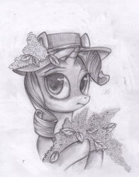 Size: 1028x1309 | Tagged: safe, artist:nayra-the-wolf, rarity, pony, unicorn, hat, monochrome, plant, solo