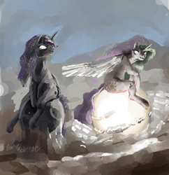 Size: 352x363 | Tagged: safe, artist:someschmoe, princess celestia, princess luna, alicorn, pony, cloud, glowing eyes, looking back, missing accessory, moon, sitting, smiling, spread wings, sun, tangible heavenly object