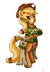 Size: 700x1000 | Tagged: safe, artist:assasinmonkey, applejack, earth pony, pony, bipedal, clothes, dress, featureless crotch, hooves to the chest, legs, simple background, solo