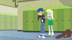 Size: 1280x720 | Tagged: safe, screencap, derpy hooves, flash sentry, equestria girls, friendship games, comforting, consoling, guitar, guitar case, lockers, sad