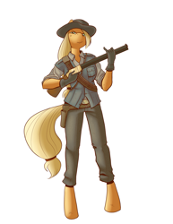 Size: 2153x2786 | Tagged: safe, artist:pixel-prism, applejack, anthro, unguligrade anthro, cosplay, cowboy hat, gun, hat, hooves, john marston, red dead redemption, rifle, simple background, solo, weapon, white background