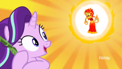 Size: 1600x900 | Tagged: safe, edit, edited screencap, screencap, starlight glimmer, sunset shimmer, pony, unicorn, equestria girls, road to friendship, angry, catasterism, clothes, discovery family logo, dress, female, fiery shimmer, fire, goddess, it's not about the parakeet, mane of fire, mare, paint tool sai, rage, smiling, sun, sunshine shimmer, this will end in fire, this will end in pain, we're friendship bound
