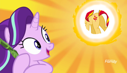 Size: 1256x720 | Tagged: safe, edit, edited screencap, screencap, starlight glimmer, sunset shimmer, pony, unicorn, road to friendship, discovery family logo, female, mare, plot, smiling, sun