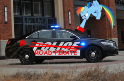 Size: 950x621 | Tagged: safe, derpibooru import, rainbow dash, pegasus, pony, anarchist, anarchy, car, ford police interceptor sedan, ford taurus, fuck the police, graffiti, open mouth, police, police car, road pirate, spray paint, vandalism, youtube link