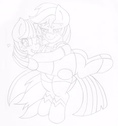 Size: 2400x2565 | Tagged: safe, artist:blackbewhite2k7, applejack, twilight sparkle, earth pony, pony, app-el, bipedal, carrying, crossover, female, lesbian, lois lane, monochrome, parody, shipping, sketch, superman, twijack