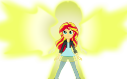 Size: 1440x900 | Tagged: safe, artist:ngrycritic, sunset shimmer, equestria girls, artificial wings, augmented, clothes, jacket, leather jacket, magic, magic wings, pants, shirt, simple background, solo, sunset phoenix, transparent background, wings