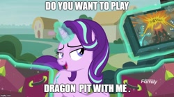 Size: 888x499 | Tagged: safe, edit, edited screencap, screencap, starlight glimmer, pony, unicorn, road to friendship, board game, bronybait, discovery family logo, dragon pit, female, grammar error, magic, magic aura, mare, open mouth, solo, telekinesis