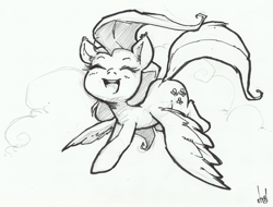 Size: 1200x910 | Tagged: safe, artist:atryl, fluttershy, pegasus, pony, eyes closed, flying, grayscale, happy, monochrome, open mouth, smiling, solo, spread wings, traditional art