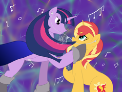 Size: 3264x2448 | Tagged: safe, artist:crimsonglow, sunset shimmer, twilight sparkle, twilight sparkle (alicorn), alicorn, alternate costumes, cape, clothes, earbuds, female, heart, lesbian, looking at each other, music notes, older, shipping, smiling, sunsetsparkle