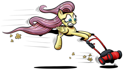 Size: 2000x1130 | Tagged: safe, artist:gray--day, fluttershy, pegasus, pony, crying, gritted teeth, lawn mower, pulling, solo, teary eyes, wide eyes, windswept mane
