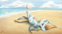 Size: 1024x565 | Tagged: safe, artist:kotyasha13, derpibooru import, rainbow dash, pegasus, pony, ball, beach, juice, juice box, on back, sipping, solo, summer