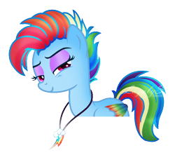 Size: 872x806 | Tagged: safe, artist:lazulys2, derpibooru import, rainbow dash, pegasus, pony, alternate hairstyle, base used, colored wings, jewelry, lidded eyes, multicolored wings, necklace, rock, simple background, solo, transparent background