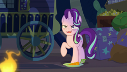 Size: 1280x720 | Tagged: safe, screencap, starlight glimmer, pony, unicorn, road to friendship, carrot, faic, female, food, mare, raised hoof, solo, trixie's wagon