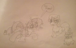 Size: 2402x1534 | Tagged: safe, opalescence, rarity, sweetie belle, pony, unicorn, drunk, drunk rarity, monochrome, traditional art