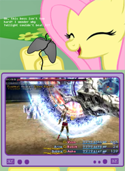 Size: 563x771 | Tagged: safe, fluttershy, pegasus, pony, controller, exploitable meme, eyes closed, female, final fantasy xii, fs doesn't know what she's getting into, gamershy, happy, hoof hold, mare, meme, obligatory pony, open mouth, pink mane, screen, smiling, that one boss, this will end in tears, tv meme, yellow coat, yiazmat