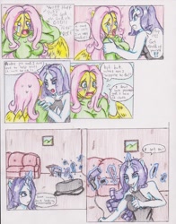 Size: 1275x1626 | Tagged: safe, artist:zoarenso, fluttershy, rarity, anthro, comic:innocent sin, comic, traditional art