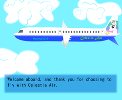 Size: 950x780 | Tagged: safe, artist:pacificgreen, princess celestia, alicorn, pony, airline, celestia air, cloud, cloudy, inflight safety, jumbo jet, plane, safety video