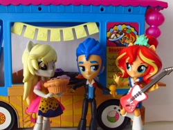 Size: 1320x990 | Tagged: safe, artist:whatthehell!?, derpy hooves, flash sentry, sunset shimmer, equestria girls, clothes, doll, equestria girls minis, food, guitar, irl, microphone, muffin, photo, shoes, skirt, sunset sushi, sushi, toy, truck, tuxedo