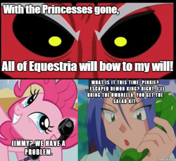 Size: 480x440 | Tagged: safe, artist:somerandomminion, lord tirek, pinkie pie, earth pony, pony, twilight's kingdom, caption, crossover, exploitable meme, image macro, james, meme, phone meme, pokémon, tirek vs everyone meme