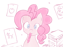 Size: 900x675 | Tagged: safe, artist:speccysy, pinkie pie, earth pony, pony, :3, apple, crayon, cute, drawing, solo