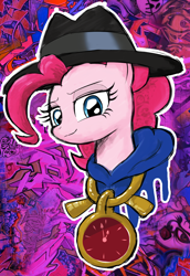 Size: 800x1163 | Tagged: safe, artist:momo, pinkie pie, earth pony, pony, bust, clothes, cute, diapinkes, hat, hoodie, lidded eyes, looking at you, portrait, rapper pie, smirk, solo