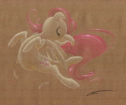 Size: 1928x1606 | Tagged: safe, artist:getchanoodlewet, fluttershy, pegasus, pony, arched back, backbend, eyes closed, feather, fluffy, flying, happy, smiling, solo, spread wings, traditional art