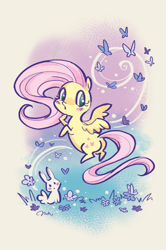 Size: 590x887 | Tagged: safe, artist:melissahesterblog, fluttershy, butterfly, pegasus, pony, rabbit, animal, flower, flying, grass, solo