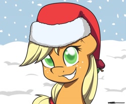 Size: 1280x1067 | Tagged: safe, artist:wiggabuysomeapples, applejack, earth pony, pony, hat, santa hat, snow, snowfall, solo